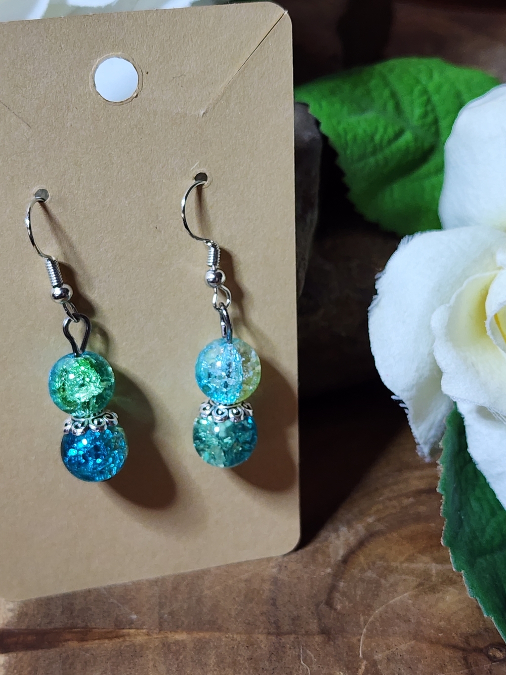 Hand Crafted Blue & Green Glass Bead Drop Earrings - Women Jewelry